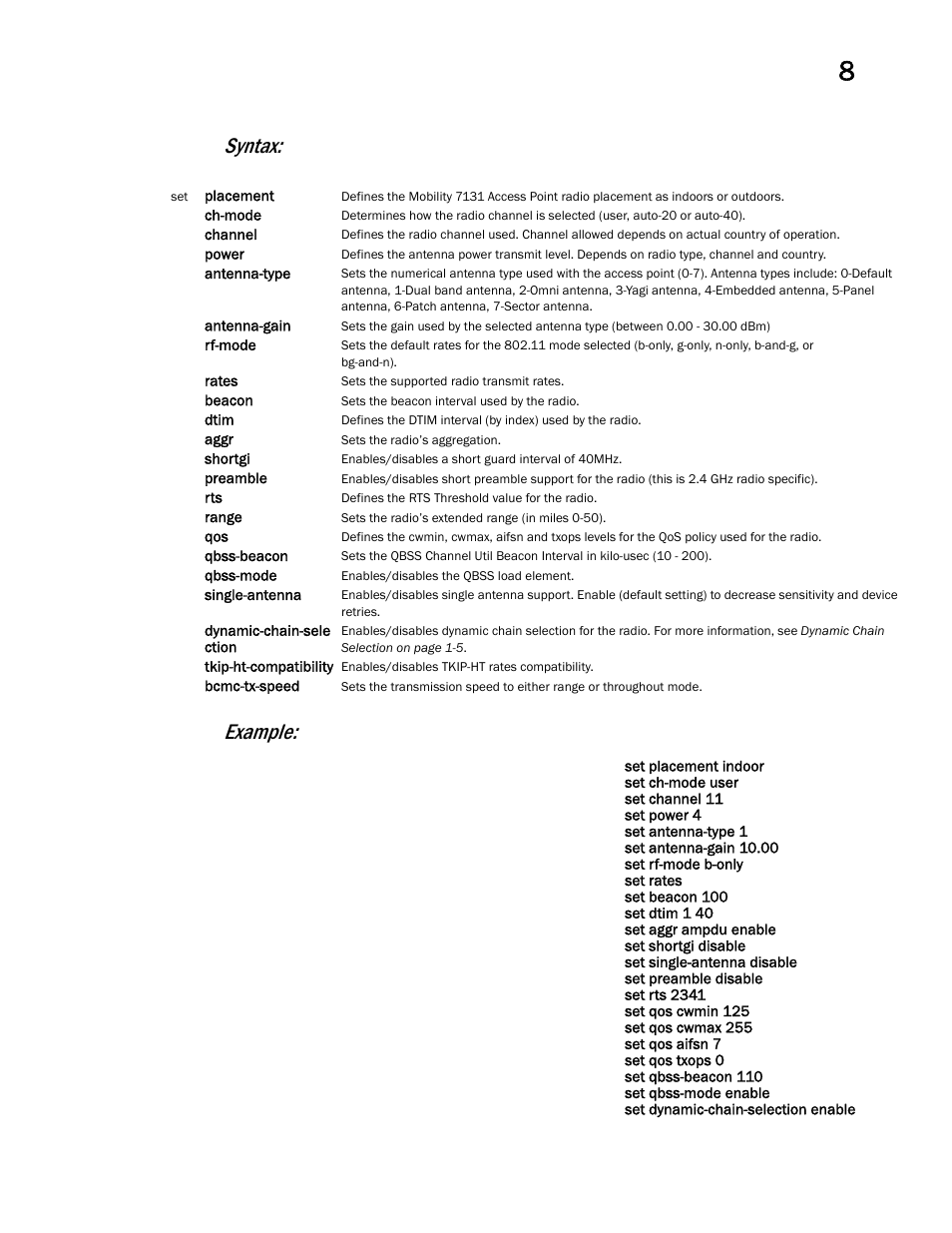 Syntax: example | Brocade Mobility 7131 Access Point Product Reference Guide (Supporting software release 4.4.0.0 and later) User Manual | Page 357 / 520