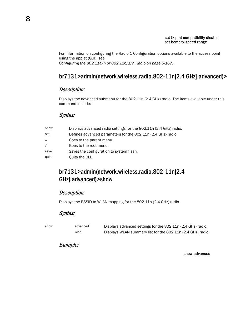 Description, Syntax, Syntax: example | Brocade Mobility 7131 Access Point Product Reference Guide (Supporting software release 4.4.0.0 and later) User Manual | Page 358 / 520