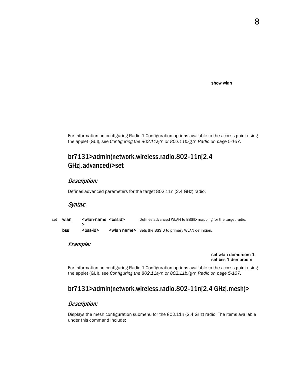 Description, Syntax: example | Brocade Mobility 7131 Access Point Product Reference Guide (Supporting software release 4.4.0.0 and later) User Manual | Page 359 / 520