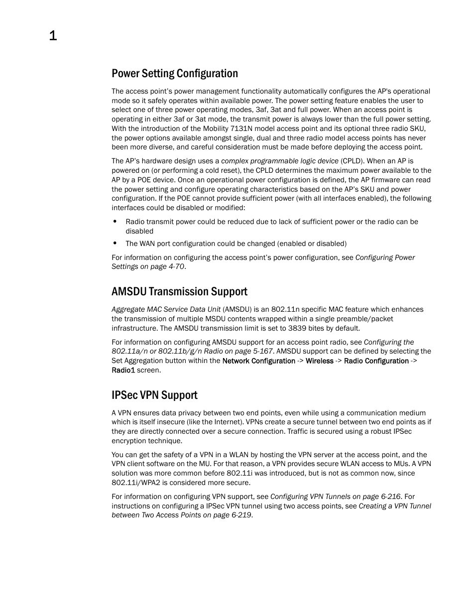 Power setting configuration, Amsdu transmission support, Ipsec vpn support | Brocade Mobility 7131 Access Point Product Reference Guide (Supporting software release 4.4.0.0 and later) User Manual | Page 36 / 520