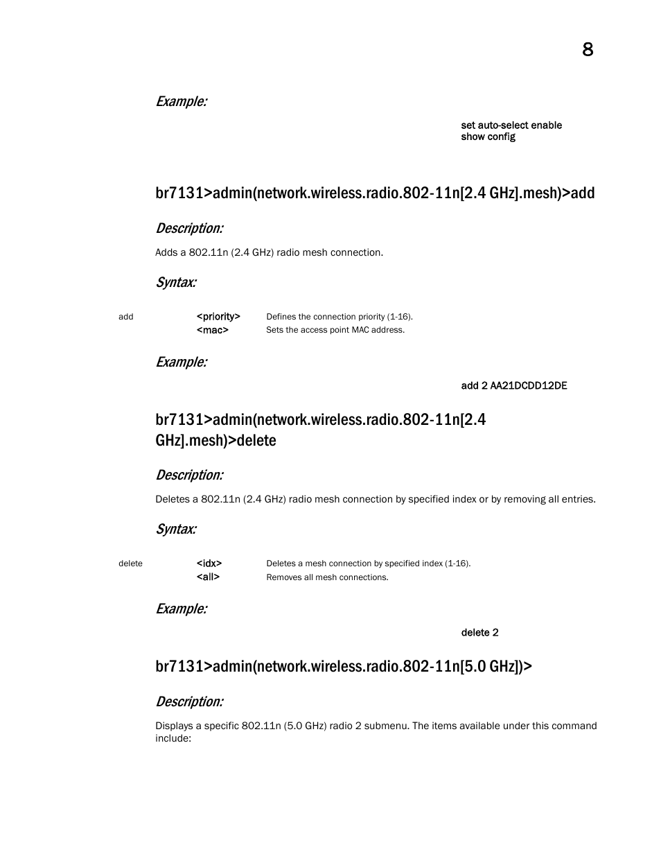 Example, Description, Syntax: example | Brocade Mobility 7131 Access Point Product Reference Guide (Supporting software release 4.4.0.0 and later) User Manual | Page 361 / 520