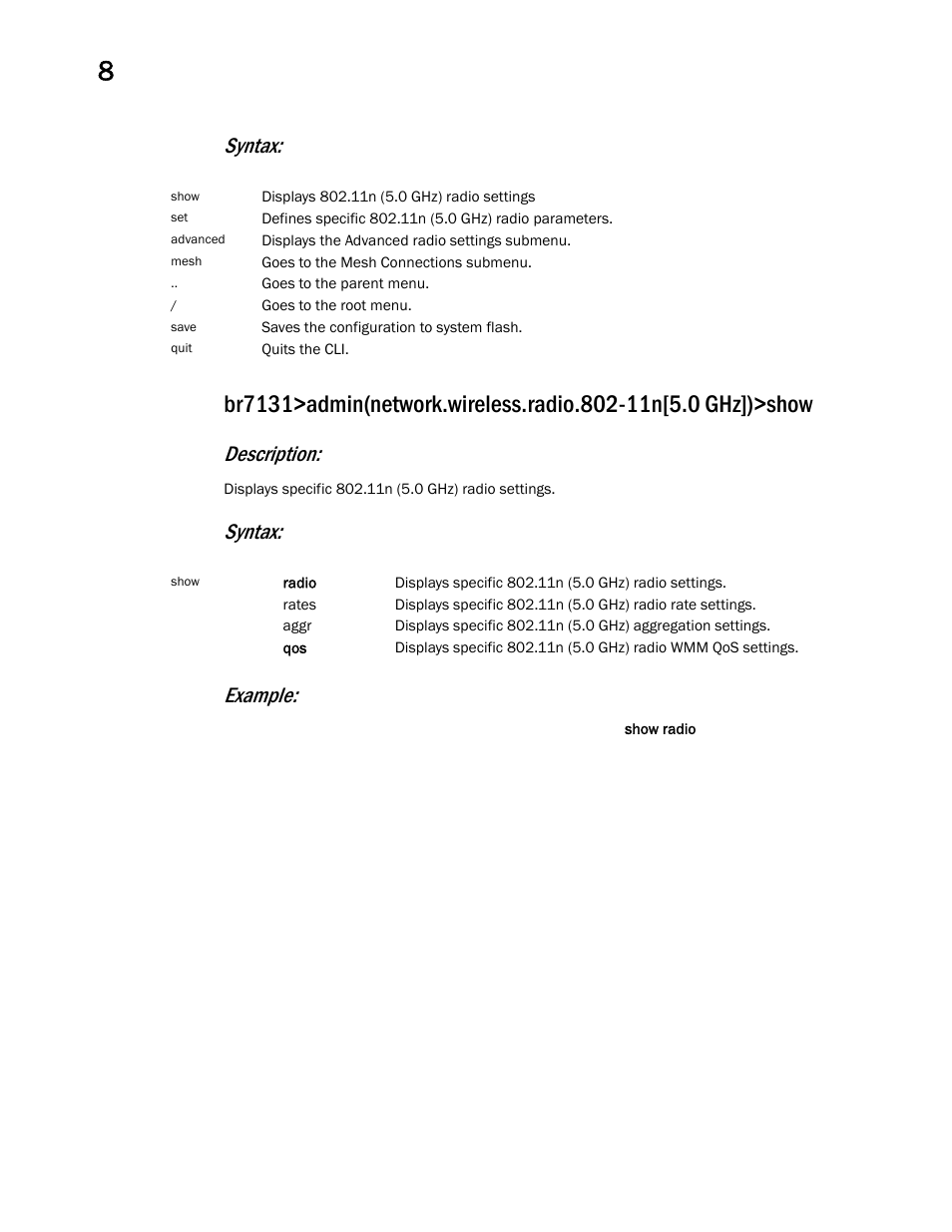 Syntax, Description, Syntax: example | Brocade Mobility 7131 Access Point Product Reference Guide (Supporting software release 4.4.0.0 and later) User Manual | Page 362 / 520