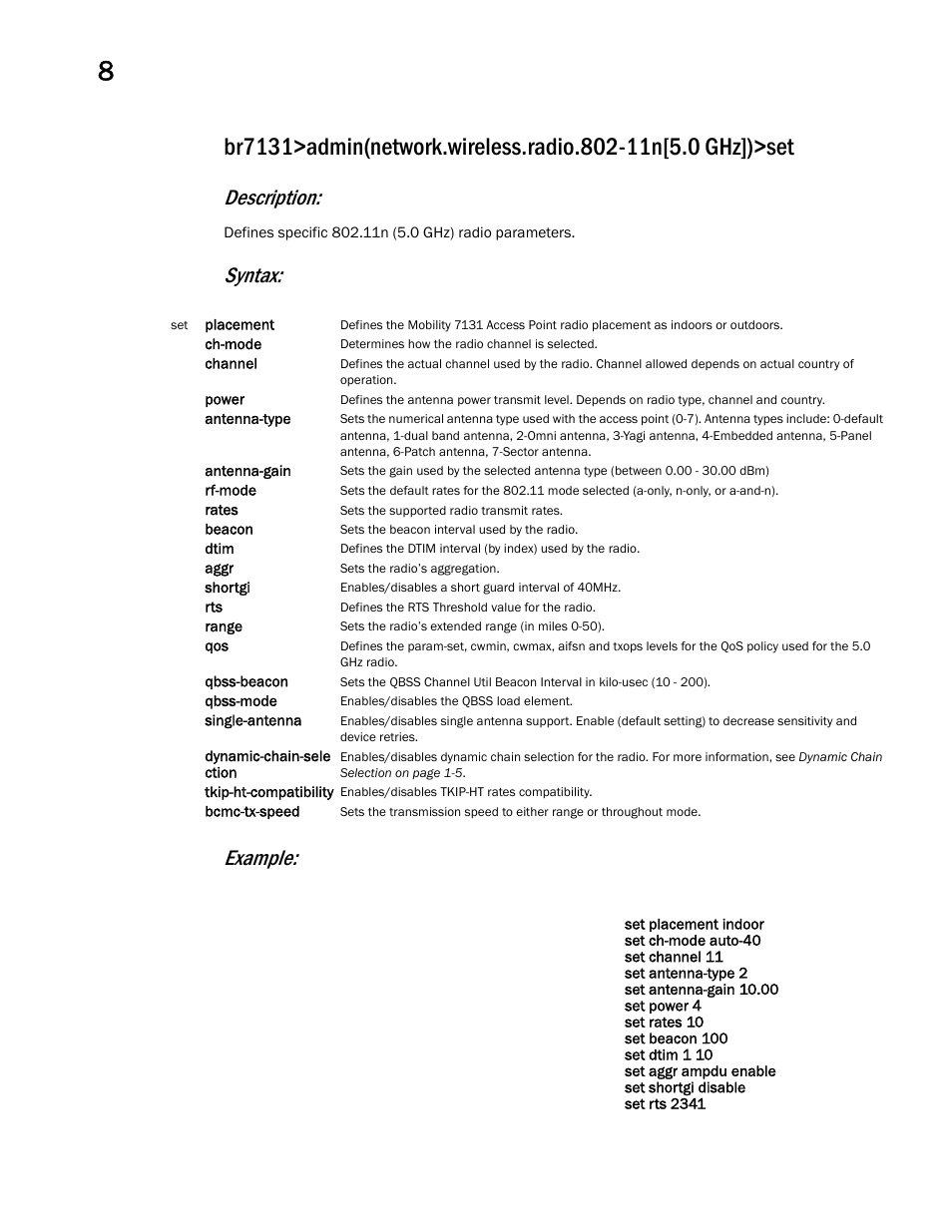 Description, Syntax: example | Brocade Mobility 7131 Access Point Product Reference Guide (Supporting software release 4.4.0.0 and later) User Manual | Page 364 / 520