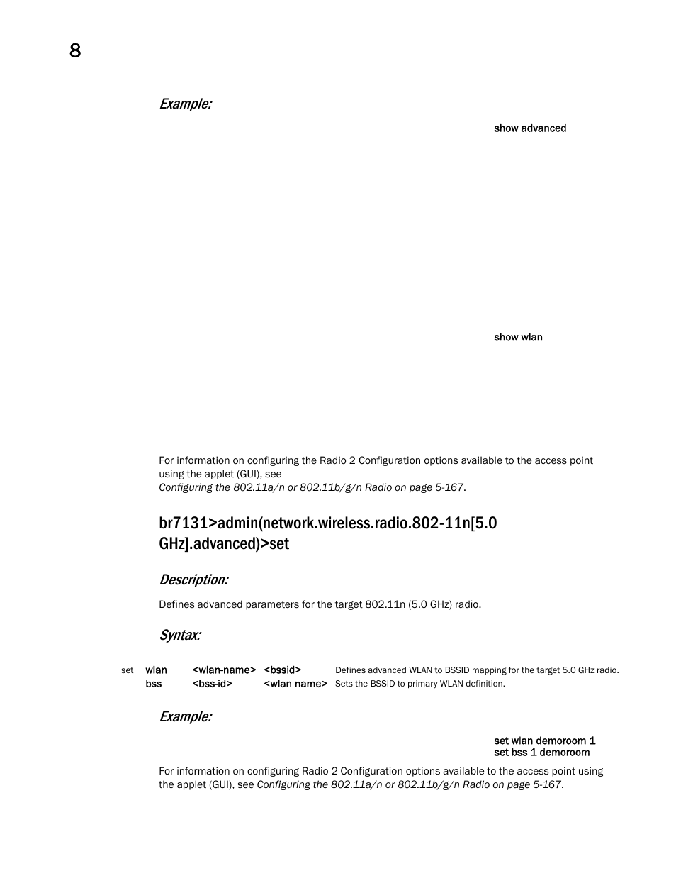Example, Description, Syntax: example | Brocade Mobility 7131 Access Point Product Reference Guide (Supporting software release 4.4.0.0 and later) User Manual | Page 366 / 520