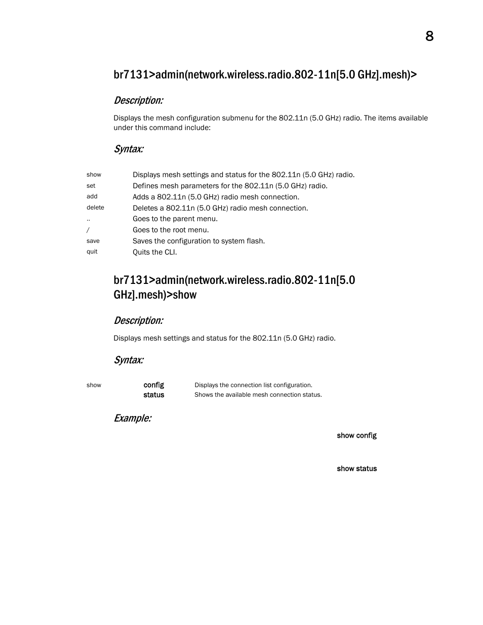 Description, Syntax, Syntax: example | Brocade Mobility 7131 Access Point Product Reference Guide (Supporting software release 4.4.0.0 and later) User Manual | Page 367 / 520