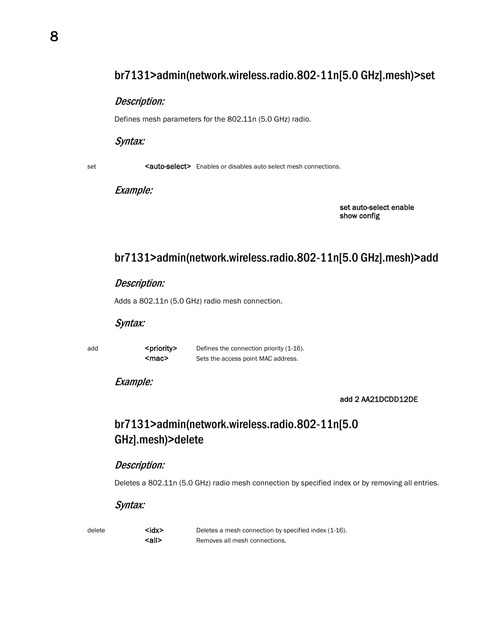 Description, Syntax: example, Syntax | Brocade Mobility 7131 Access Point Product Reference Guide (Supporting software release 4.4.0.0 and later) User Manual | Page 368 / 520