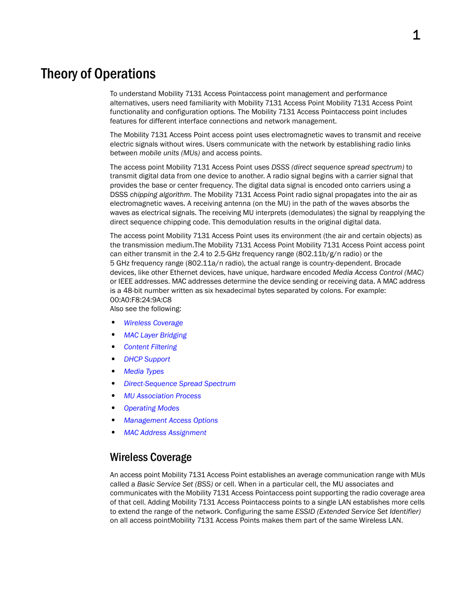 Theory of operations, Wireless coverage | Brocade Mobility 7131 Access Point Product Reference Guide (Supporting software release 4.4.0.0 and later) User Manual | Page 37 / 520