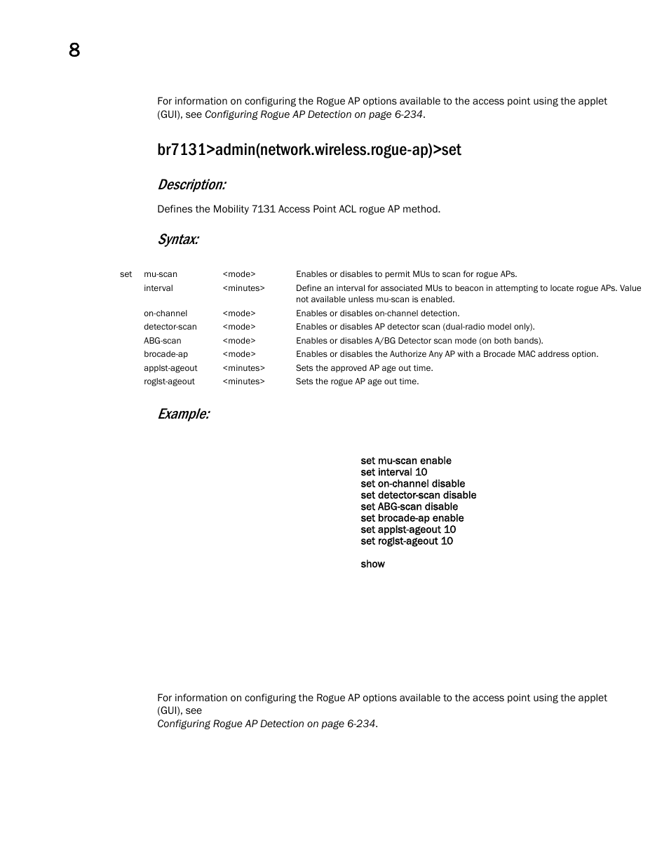 Br7131>admin(network.wireless.rogue-ap)>set, Description, Syntax: example | Brocade Mobility 7131 Access Point Product Reference Guide (Supporting software release 4.4.0.0 and later) User Manual | Page 374 / 520