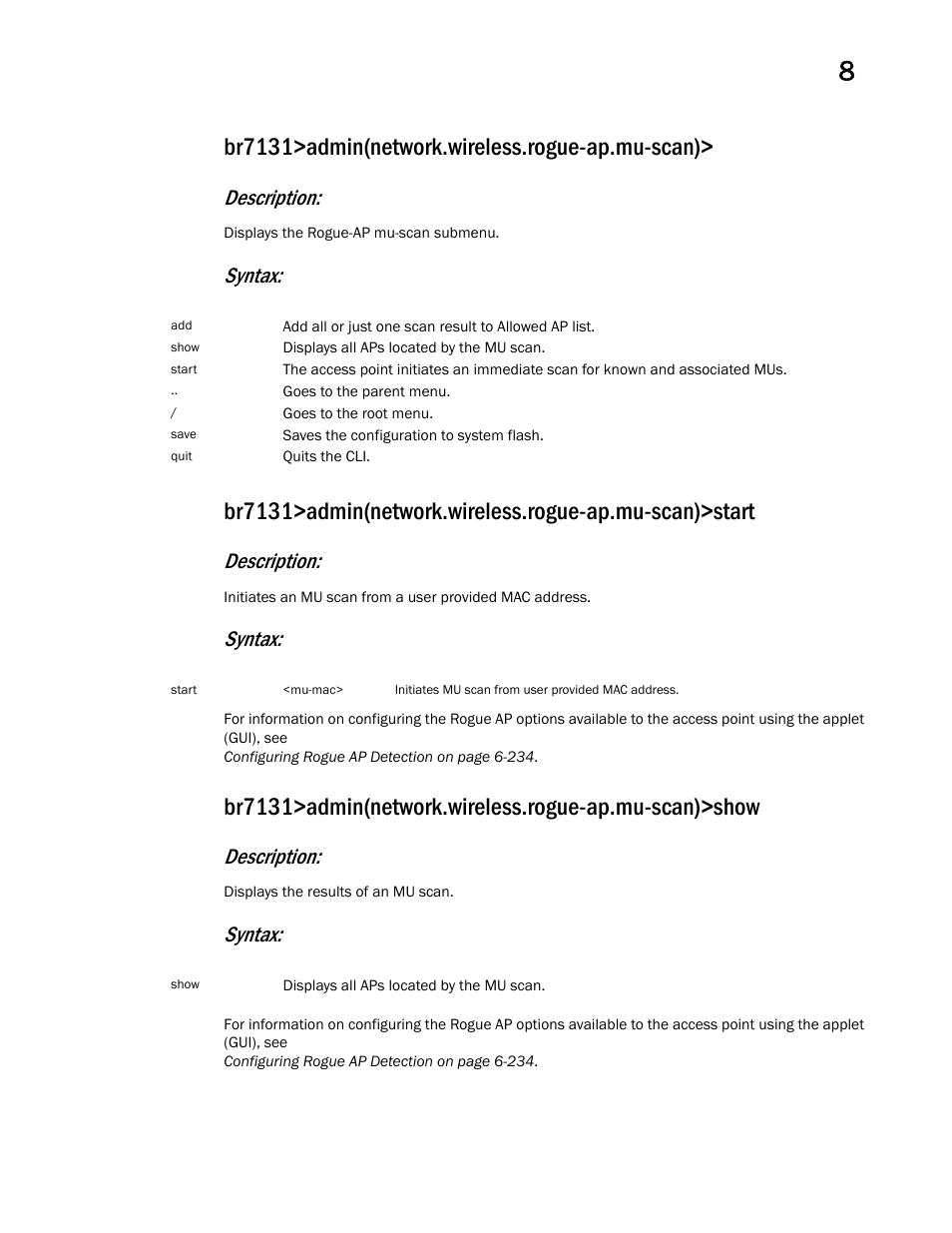 Br7131>admin(network.wireless.rogue-ap.mu-scan), Description, Syntax | Brocade Mobility 7131 Access Point Product Reference Guide (Supporting software release 4.4.0.0 and later) User Manual | Page 375 / 520