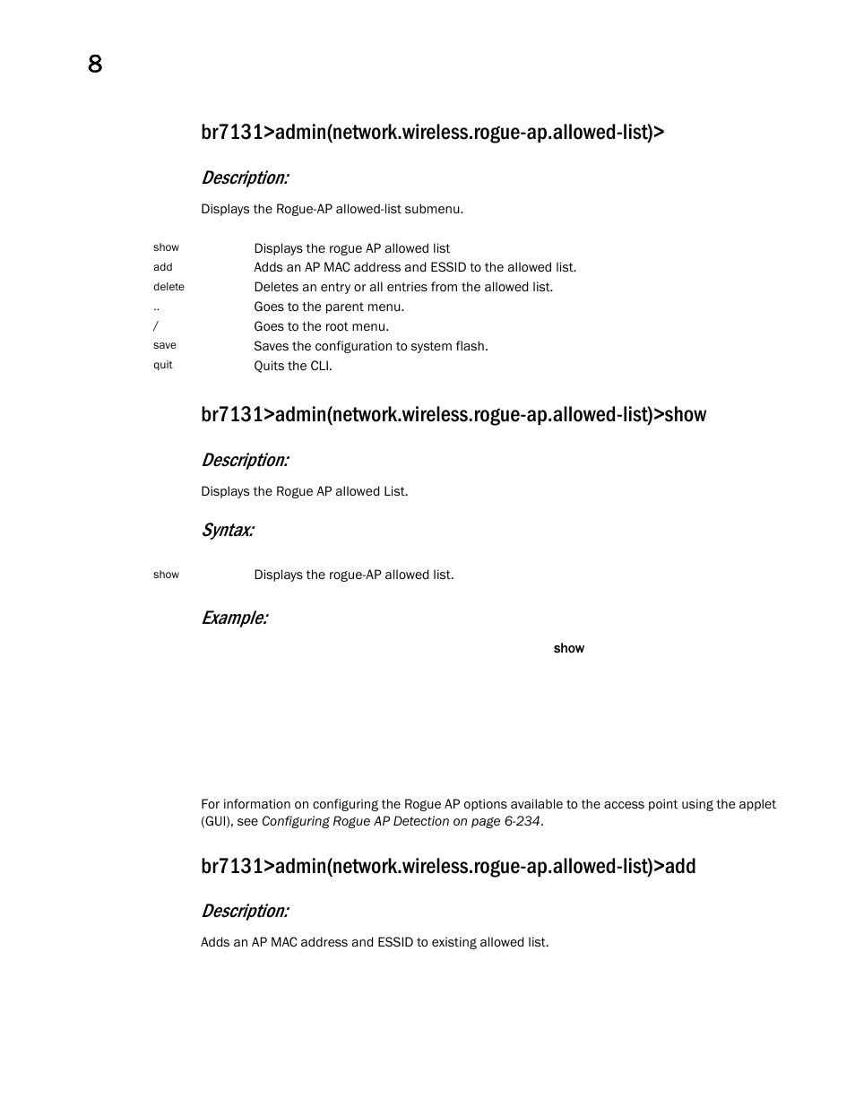 Description, Syntax: example | Brocade Mobility 7131 Access Point Product Reference Guide (Supporting software release 4.4.0.0 and later) User Manual | Page 376 / 520