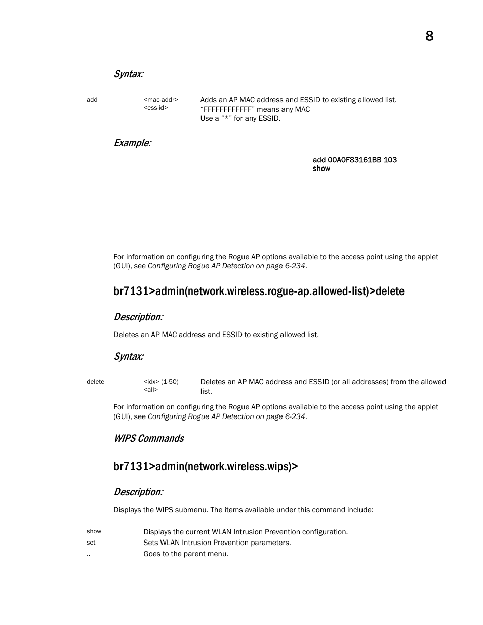 Br7131>admin(network.wireless.wips), Syntax: example, Description | Syntax, Wips commands | Brocade Mobility 7131 Access Point Product Reference Guide (Supporting software release 4.4.0.0 and later) User Manual | Page 377 / 520