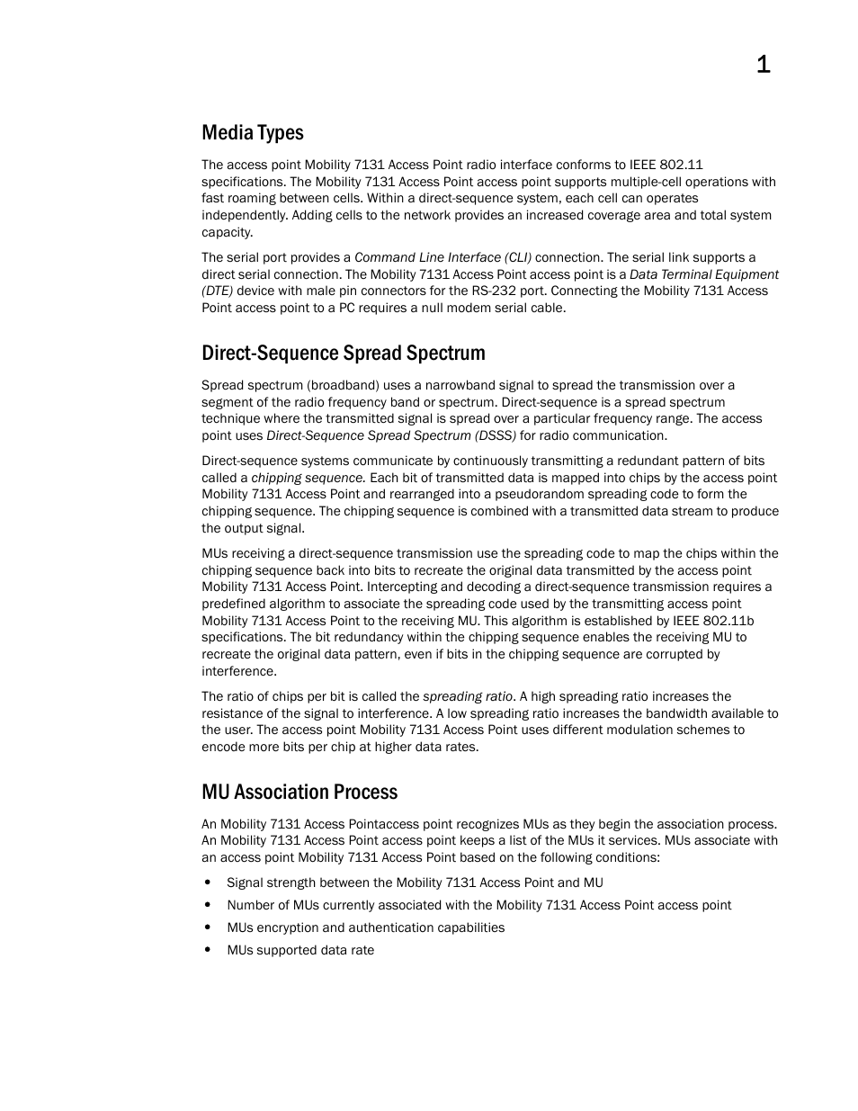 Media types, Direct-sequence spread spectrum, Mu association process | Brocade Mobility 7131 Access Point Product Reference Guide (Supporting software release 4.4.0.0 and later) User Manual | Page 39 / 520