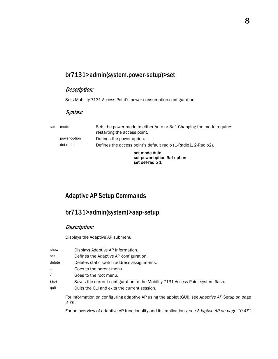 Adaptive ap setup commands, Br7131>admin(system.power-setup)>set, Description | Syntax | Brocade Mobility 7131 Access Point Product Reference Guide (Supporting software release 4.4.0.0 and later) User Manual | Page 395 / 520