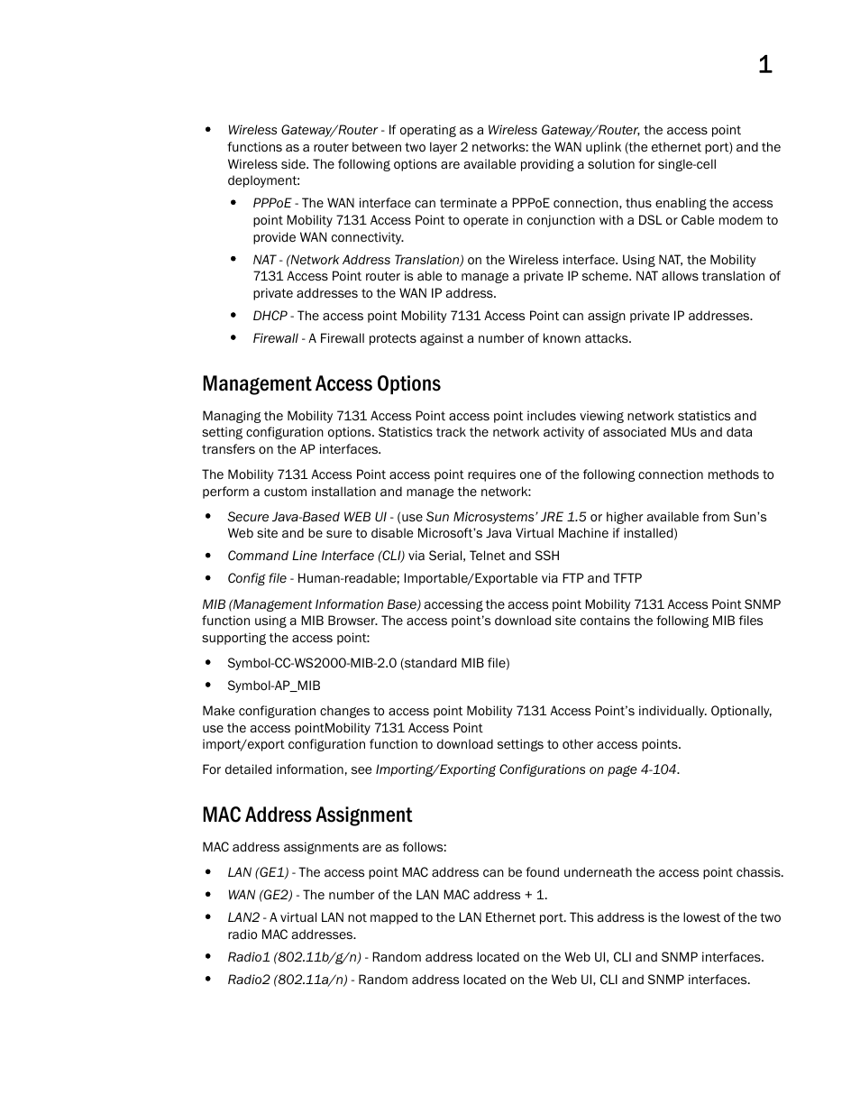 Management access options, Mac address assignment | Brocade Mobility 7131 Access Point Product Reference Guide (Supporting software release 4.4.0.0 and later) User Manual | Page 41 / 520