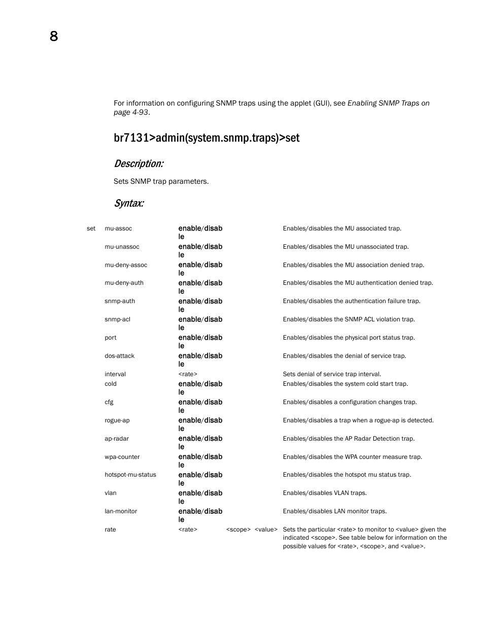 Br7131>admin(system.snmp.traps)>set, Description, Syntax | Brocade Mobility 7131 Access Point Product Reference Guide (Supporting software release 4.4.0.0 and later) User Manual | Page 412 / 520