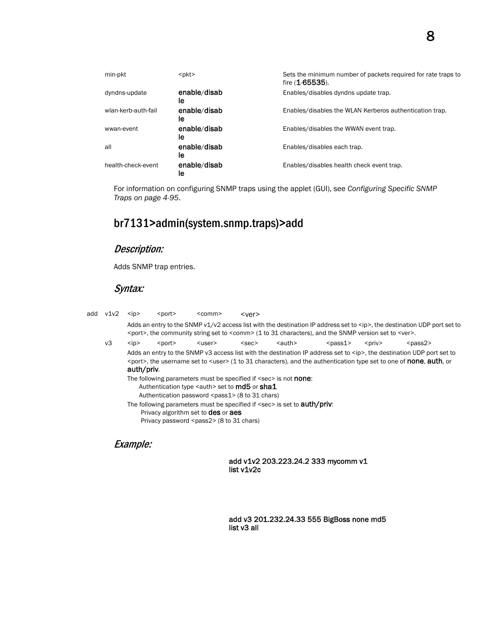 Br7131>admin(system.snmp.traps)>add, Description, Syntax: example | Brocade Mobility 7131 Access Point Product Reference Guide (Supporting software release 4.4.0.0 and later) User Manual | Page 413 / 520