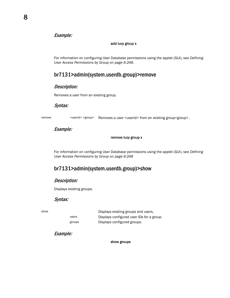 Example, Description, Syntax: example | Brocade Mobility 7131 Access Point Product Reference Guide (Supporting software release 4.4.0.0 and later) User Manual | Page 420 / 520