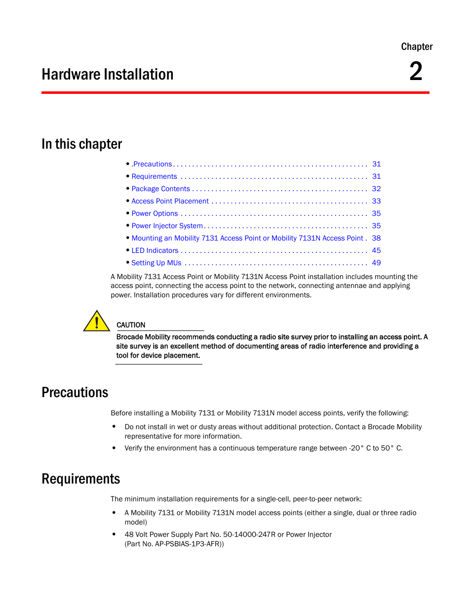 Hardware installation, In this chapter, Precautions | Requirements, Chapter 2 | Brocade Mobility 7131 Access Point Product Reference Guide (Supporting software release 4.4.0.0 and later) User Manual | Page 43 / 520