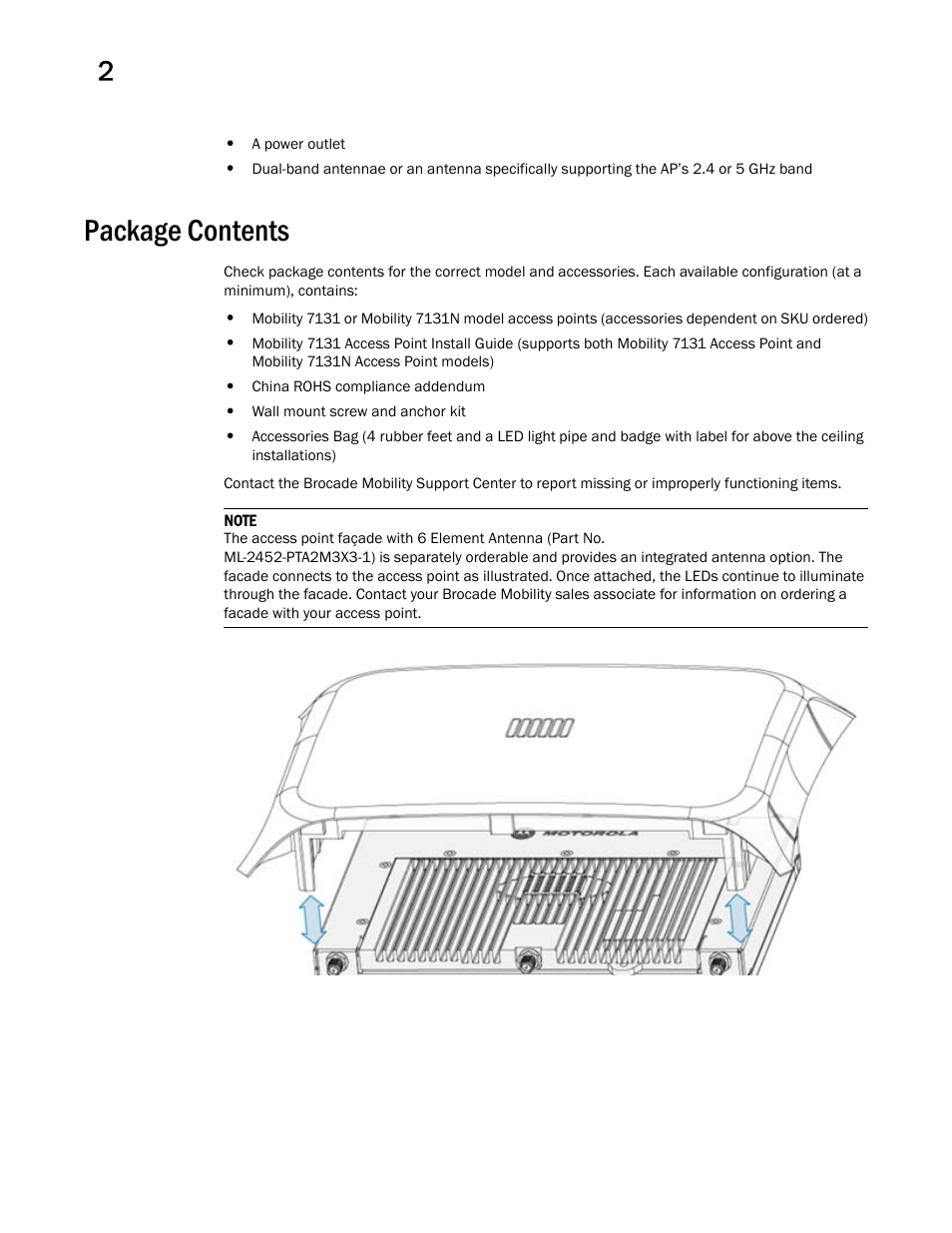 Package contents | Brocade Mobility 7131 Access Point Product Reference Guide (Supporting software release 4.4.0.0 and later) User Manual | Page 44 / 520
