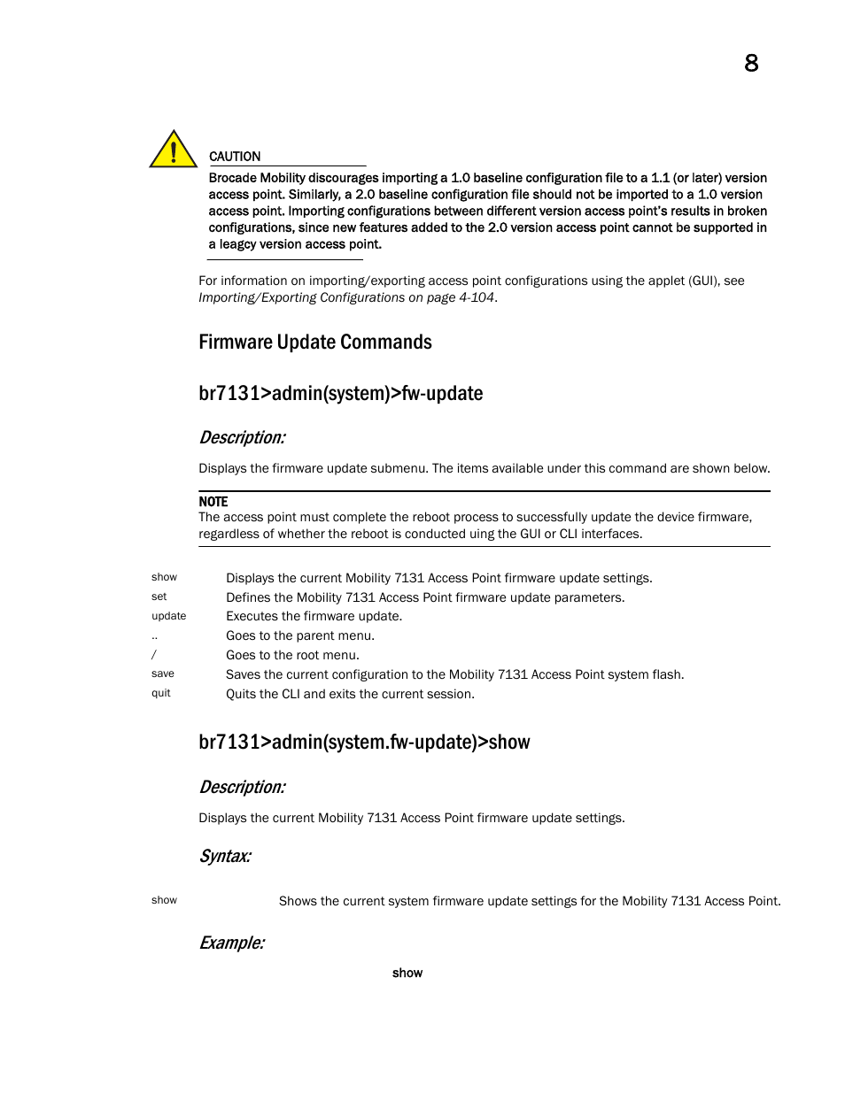 Firmware update commands, Br7131>admin(system.fw-update)>show, Description | Syntax: example | Brocade Mobility 7131 Access Point Product Reference Guide (Supporting software release 4.4.0.0 and later) User Manual | Page 443 / 520