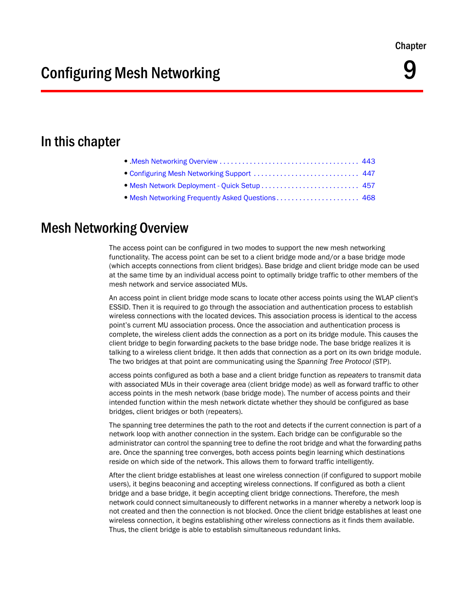 Configuring mesh networking, In this chapter, Mesh networking overview | Chapter 9 | Brocade Mobility 7131 Access Point Product Reference Guide (Supporting software release 4.4.0.0 and later) User Manual | Page 455 / 520