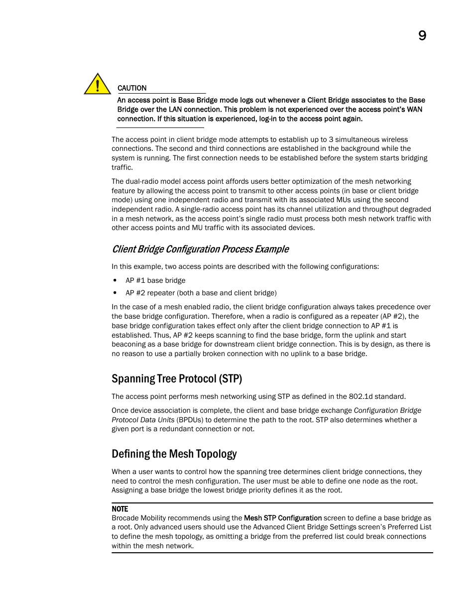 Spanning tree protocol (stp), Defining the mesh topology, Client bridge configuration process example | Brocade Mobility 7131 Access Point Product Reference Guide (Supporting software release 4.4.0.0 and later) User Manual | Page 457 / 520