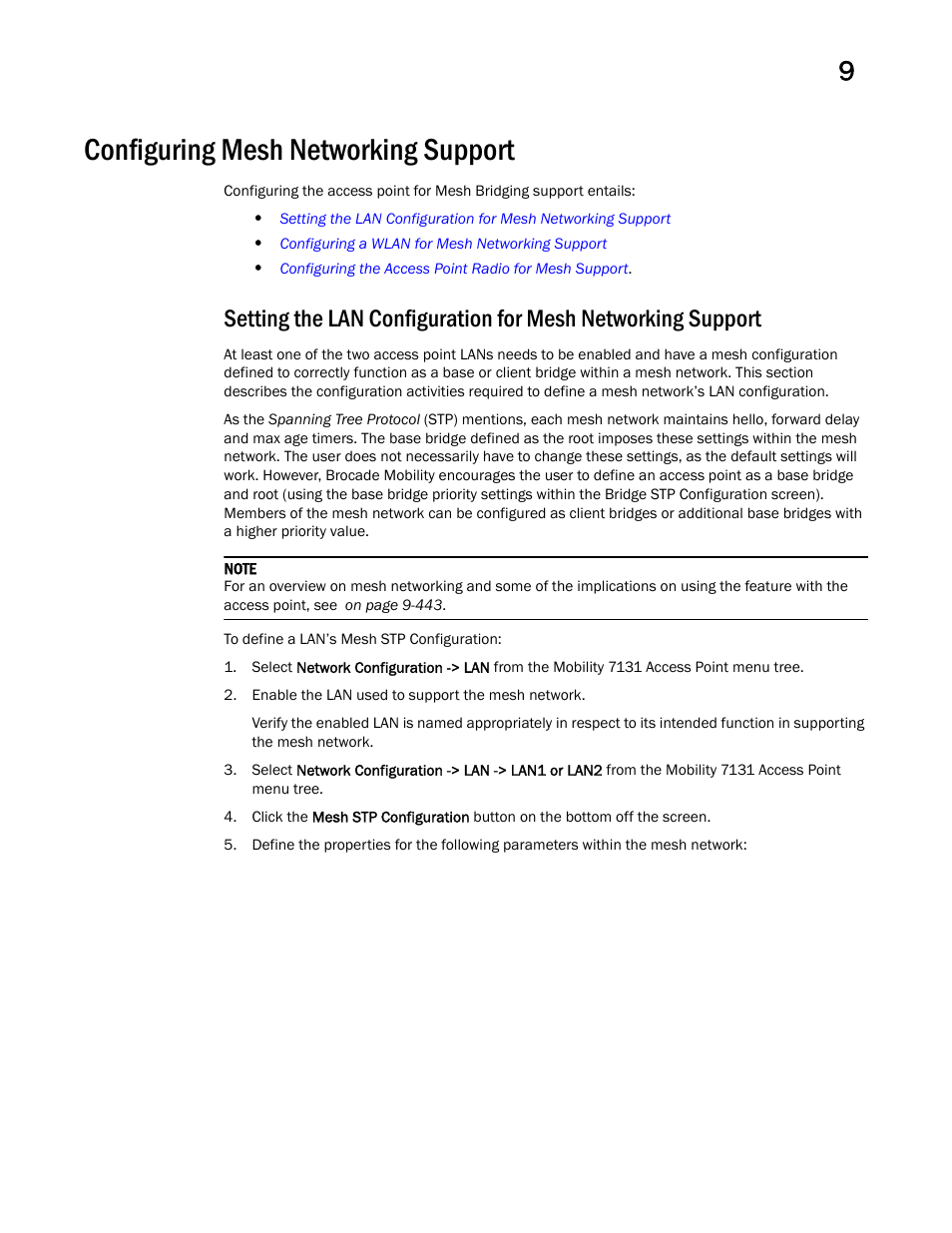 Configuring mesh networking support | Brocade Mobility 7131 Access Point Product Reference Guide (Supporting software release 4.4.0.0 and later) User Manual | Page 459 / 520