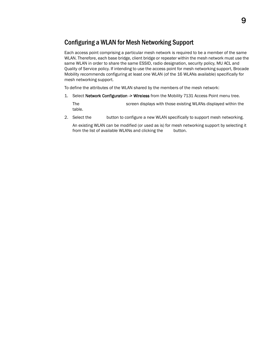 Configuring a wlan for mesh networking support | Brocade Mobility 7131 Access Point Product Reference Guide (Supporting software release 4.4.0.0 and later) User Manual | Page 461 / 520