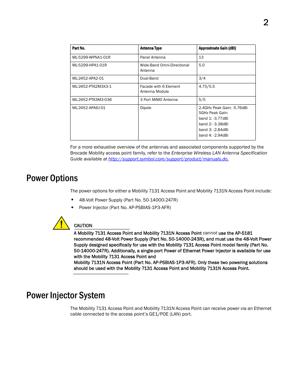 Power options, Power injector system | Brocade Mobility 7131 Access Point Product Reference Guide (Supporting software release 4.4.0.0 and later) User Manual | Page 47 / 520