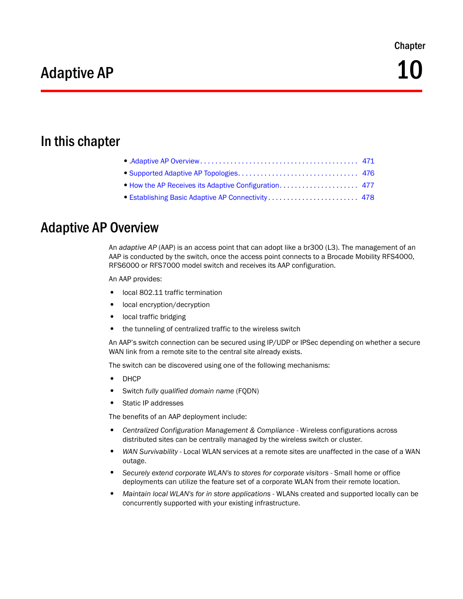 Adaptive ap, In this chapter, Adaptive ap overview | Chapter 10 | Brocade Mobility 7131 Access Point Product Reference Guide (Supporting software release 4.4.0.0 and later) User Manual | Page 483 / 520