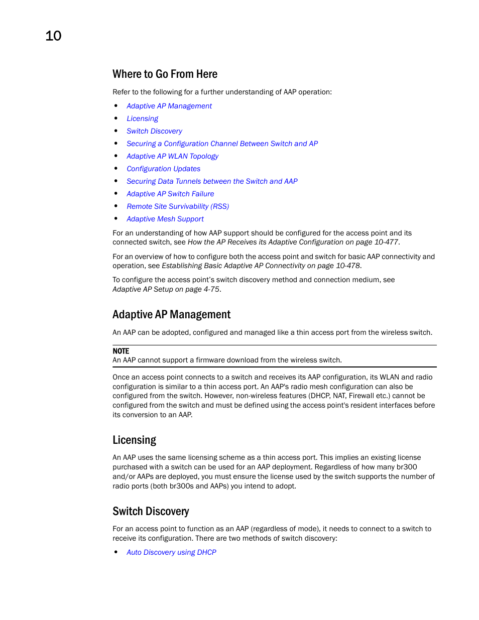 Where to go from here, Adaptive ap management, Licensing | Switch discovery | Brocade Mobility 7131 Access Point Product Reference Guide (Supporting software release 4.4.0.0 and later) User Manual | Page 484 / 520