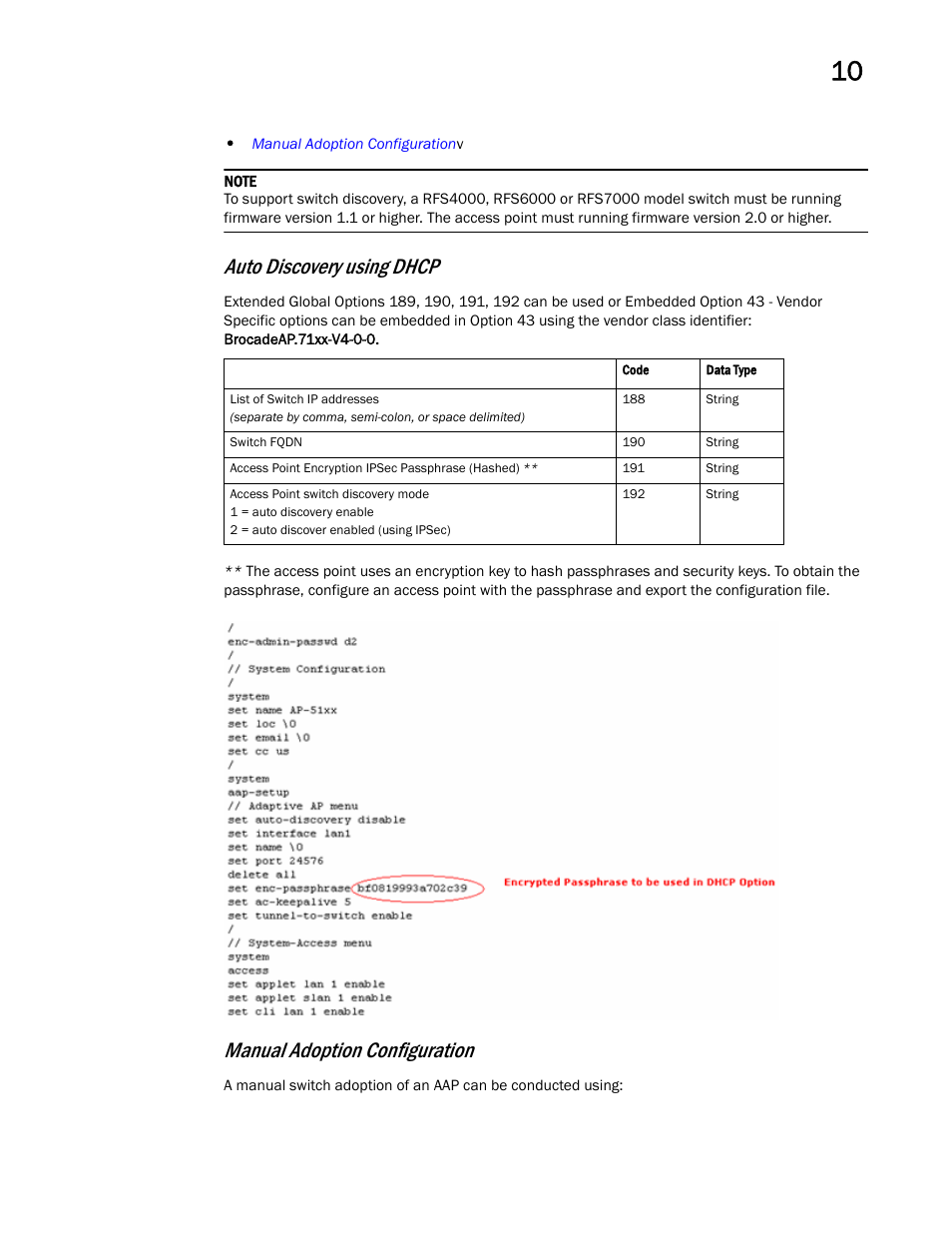 Auto discovery using dhcp, Manual adoption configuration | Brocade Mobility 7131 Access Point Product Reference Guide (Supporting software release 4.4.0.0 and later) User Manual | Page 485 / 520