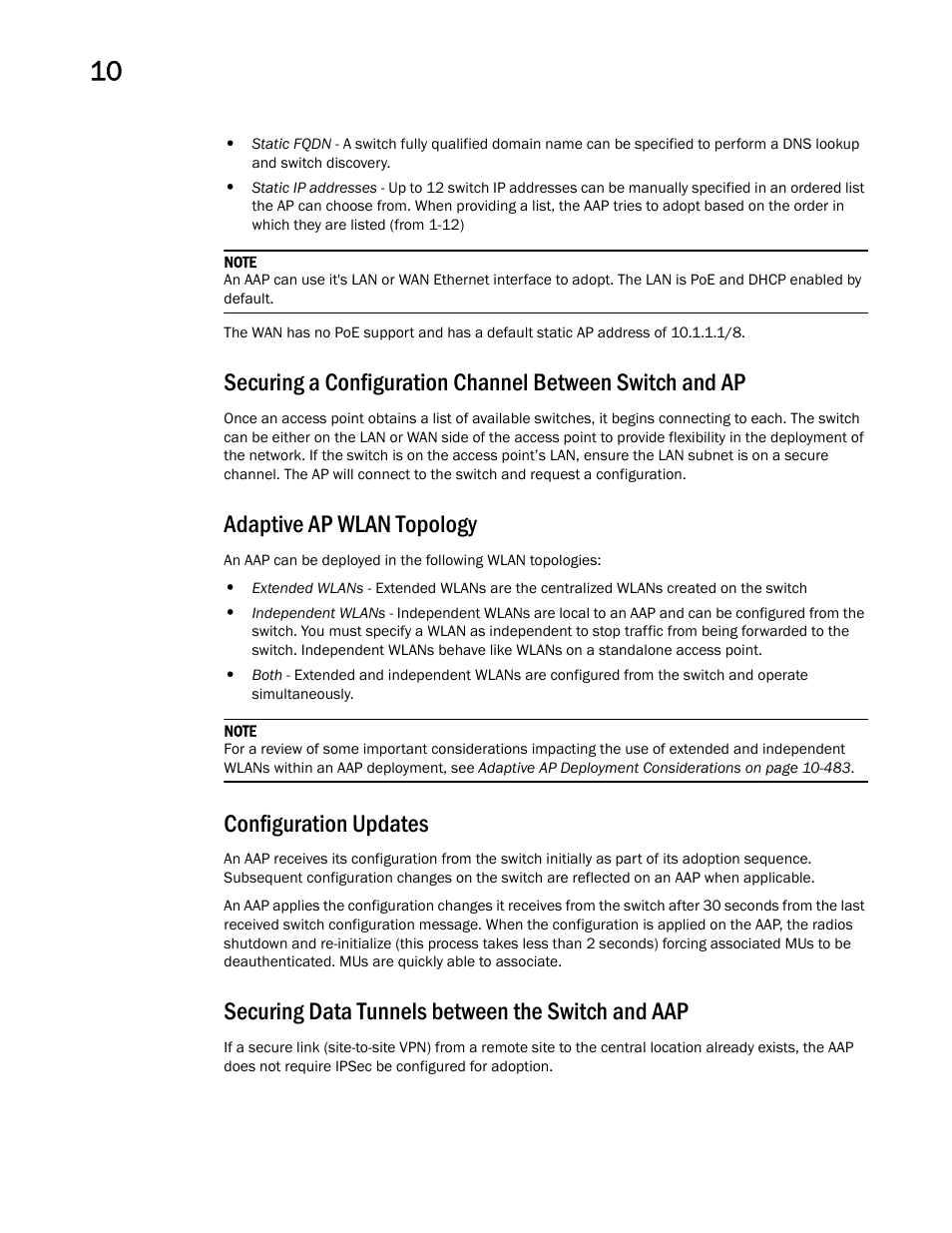 Adaptive ap wlan topology, Configuration updates, Securing data tunnels between the switch and aap | Brocade Mobility 7131 Access Point Product Reference Guide (Supporting software release 4.4.0.0 and later) User Manual | Page 486 / 520