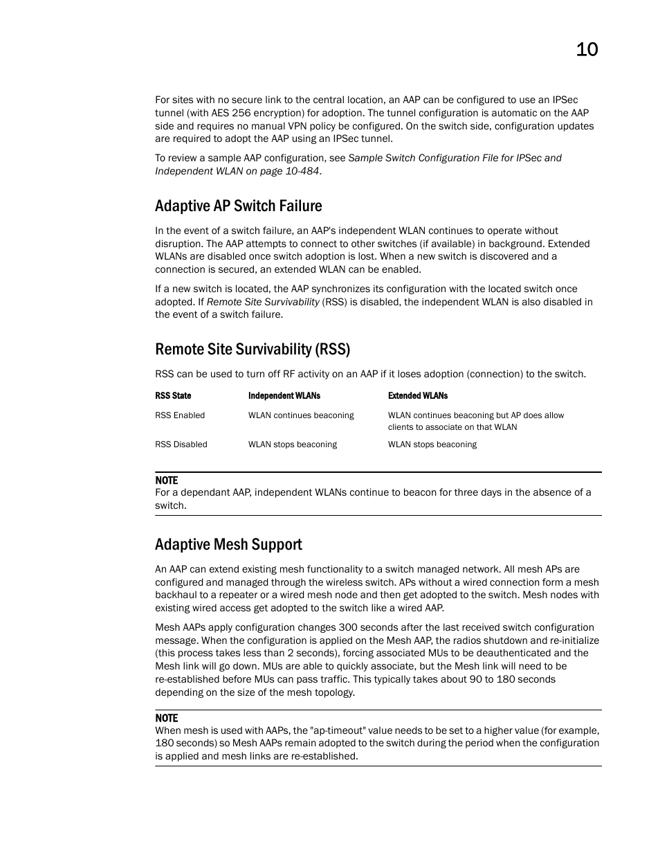 Adaptive ap switch failure, Remote site survivability (rss), Adaptive mesh support | Brocade Mobility 7131 Access Point Product Reference Guide (Supporting software release 4.4.0.0 and later) User Manual | Page 487 / 520