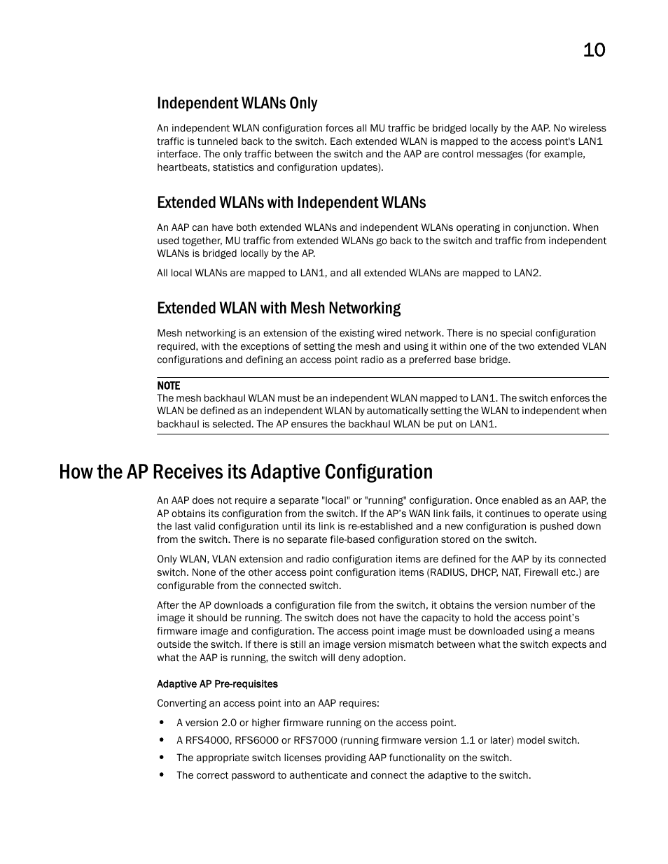 Independent wlans only, Extended wlans with independent wlans, Extended wlan with mesh networking | How the ap receives its adaptive configuration | Brocade Mobility 7131 Access Point Product Reference Guide (Supporting software release 4.4.0.0 and later) User Manual | Page 489 / 520