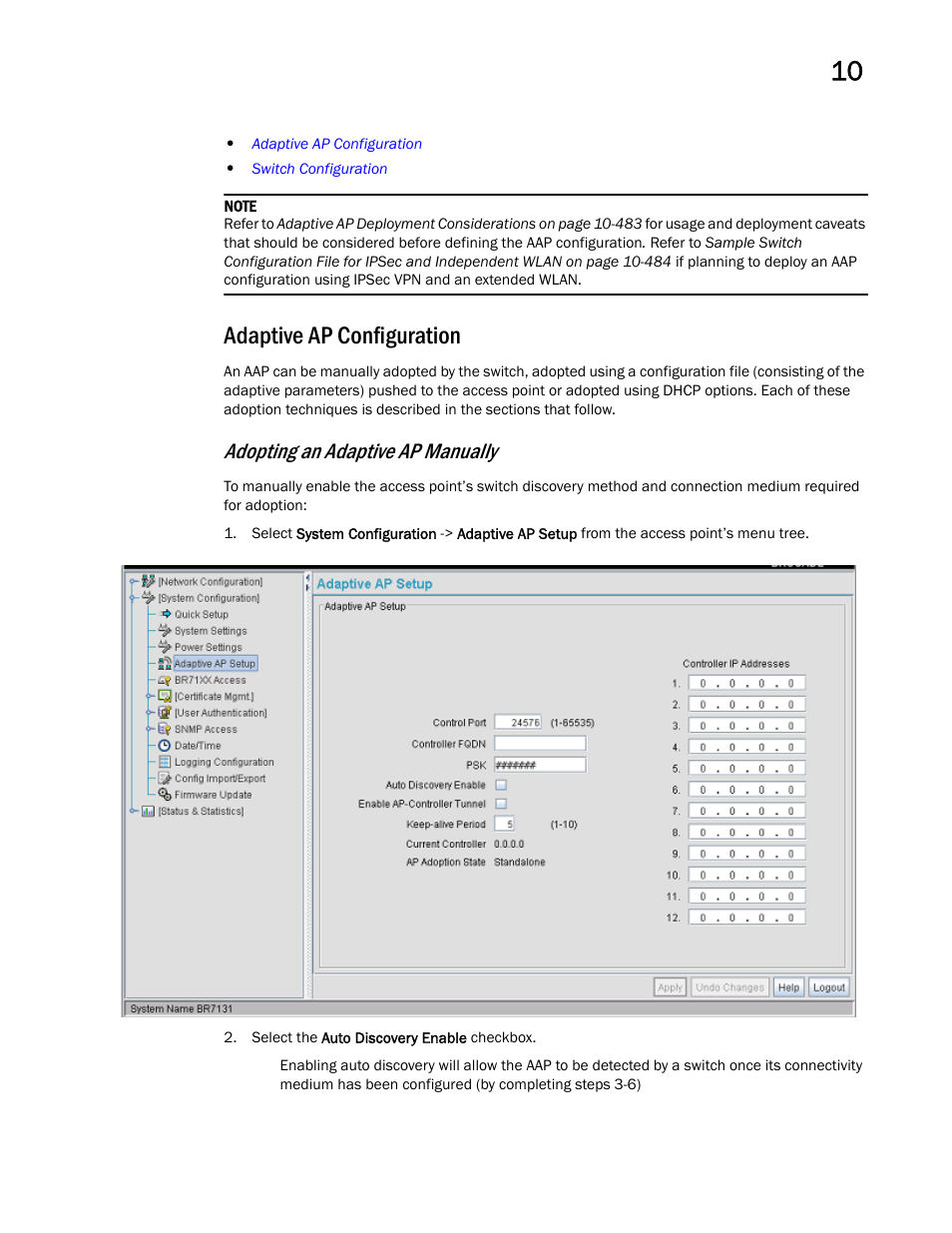 Adaptive ap configuration, Adopting an adaptive ap manually | Brocade Mobility 7131 Access Point Product Reference Guide (Supporting software release 4.4.0.0 and later) User Manual | Page 491 / 520