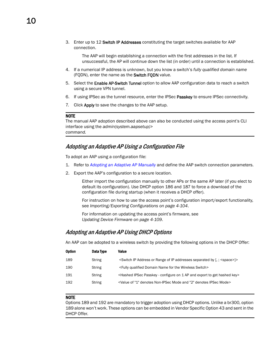 Adopting an adaptive ap using a configuration file, Adopting an adaptive ap using dhcp options | Brocade Mobility 7131 Access Point Product Reference Guide (Supporting software release 4.4.0.0 and later) User Manual | Page 492 / 520