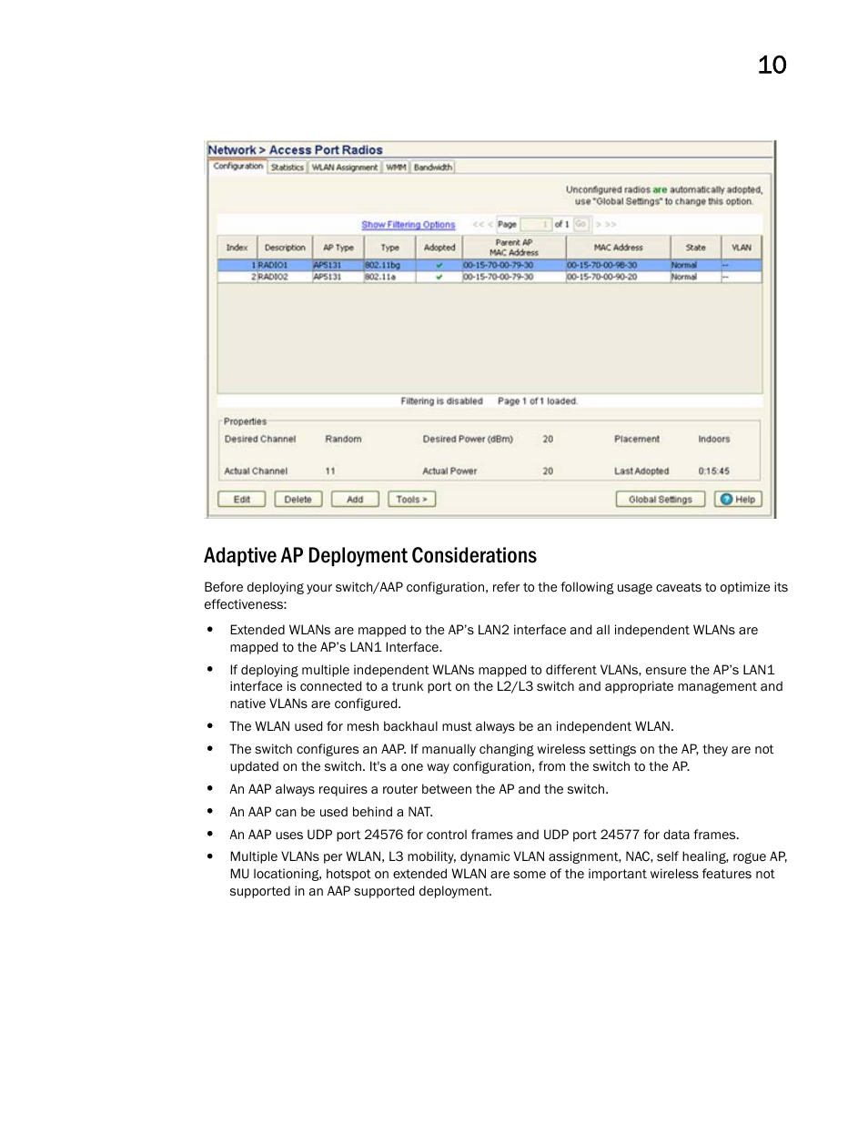 Adaptive ap deployment considerations | Brocade Mobility 7131 Access Point Product Reference Guide (Supporting software release 4.4.0.0 and later) User Manual | Page 495 / 520