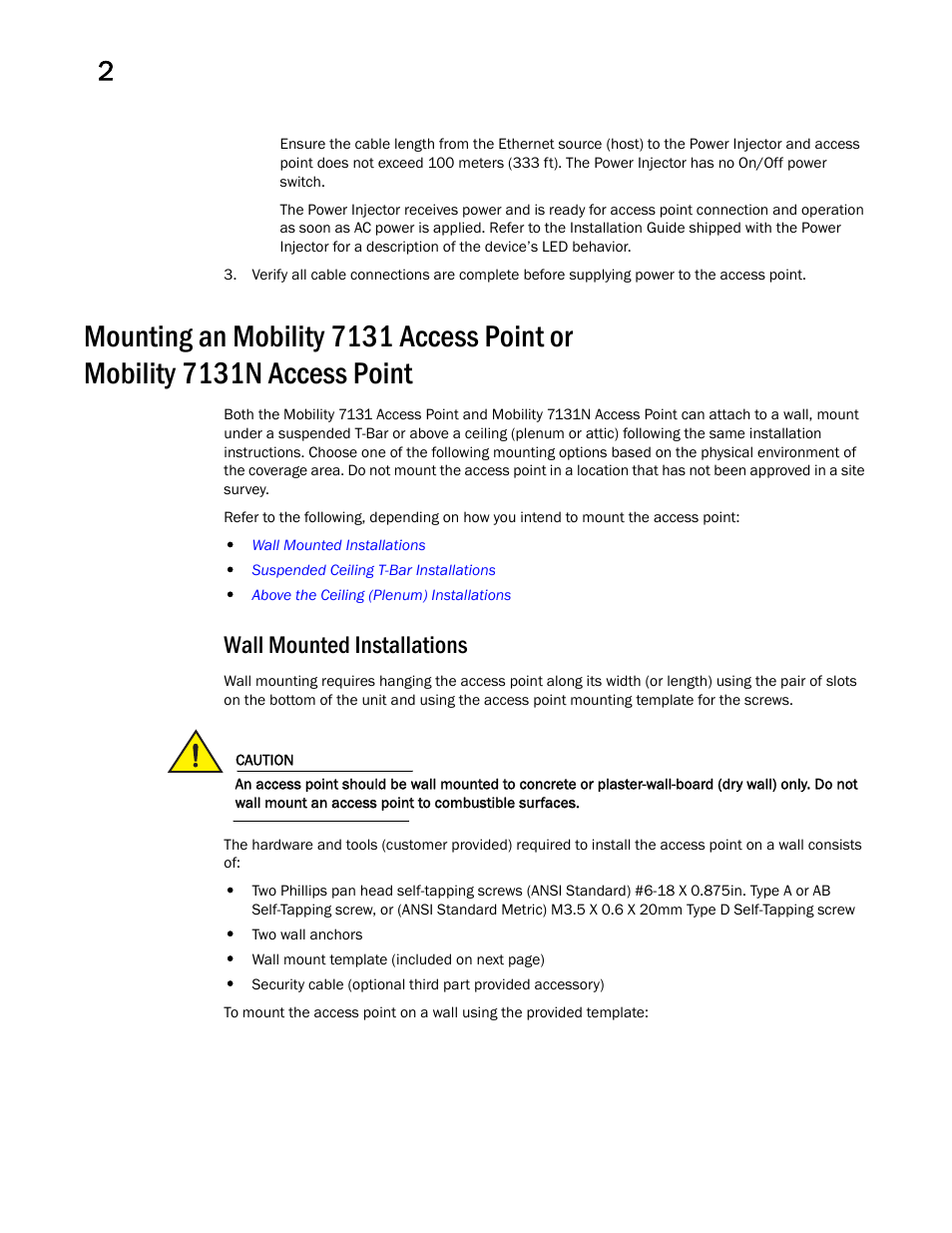 Wall mounted installations | Brocade Mobility 7131 Access Point Product Reference Guide (Supporting software release 4.4.0.0 and later) User Manual | Page 50 / 520