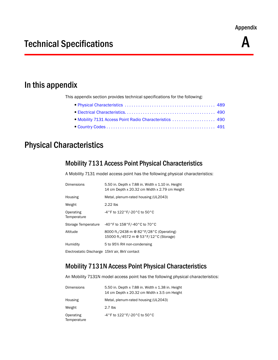 Technical specifications, In this appendix, Physical characteristics | Chapter a, Appendix | Brocade Mobility 7131 Access Point Product Reference Guide (Supporting software release 4.4.0.0 and later) User Manual | Page 501 / 520