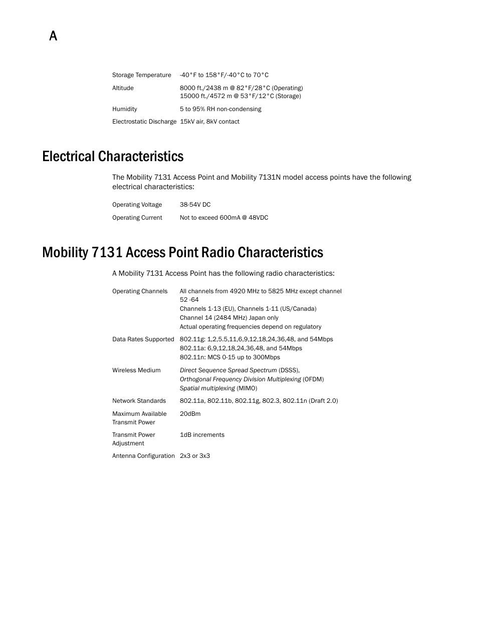 Electrical characteristics, Mobility 7131 access point radio characteristics | Brocade Mobility 7131 Access Point Product Reference Guide (Supporting software release 4.4.0.0 and later) User Manual | Page 502 / 520