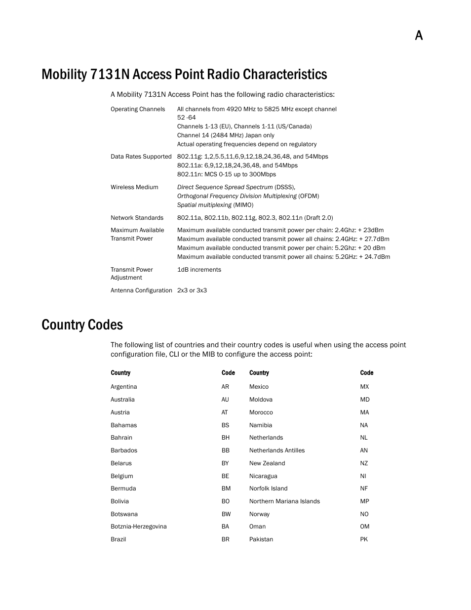 Mobility 7131n access point radio characteristics, Country codes | Brocade Mobility 7131 Access Point Product Reference Guide (Supporting software release 4.4.0.0 and later) User Manual | Page 503 / 520