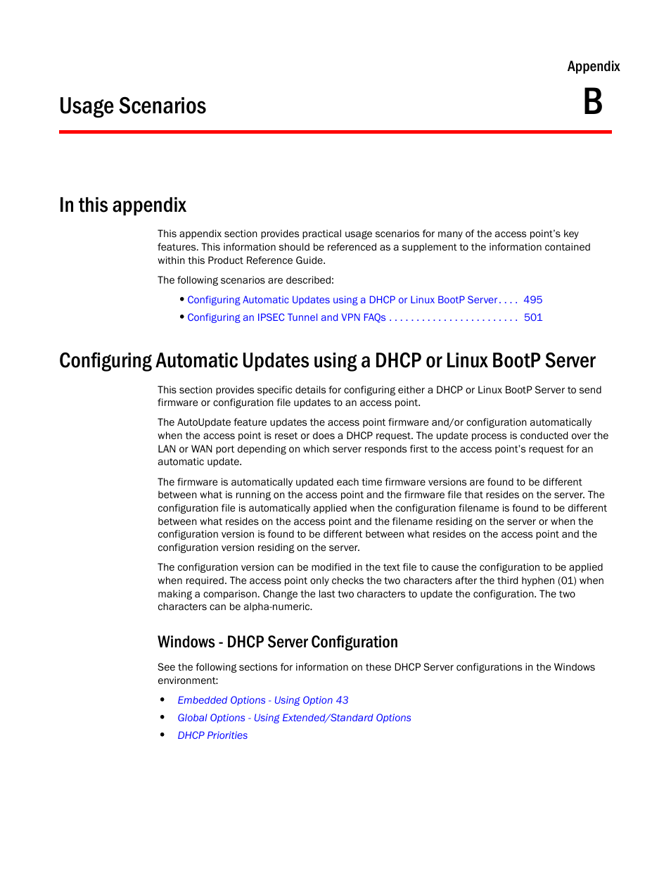 Usage scenarios, In this appendix, Windows - dhcp server configuration | Chapter b | Brocade Mobility 7131 Access Point Product Reference Guide (Supporting software release 4.4.0.0 and later) User Manual | Page 507 / 520