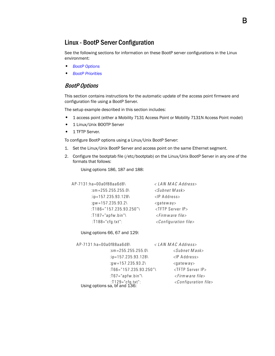 Linux - bootp server configuration, Bootp options | Brocade Mobility 7131 Access Point Product Reference Guide (Supporting software release 4.4.0.0 and later) User Manual | Page 511 / 520