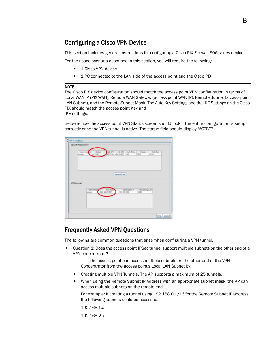 Configuring a cisco vpn device, Frequently asked vpn questions | Brocade Mobility 7131 Access Point Product Reference Guide (Supporting software release 4.4.0.0 and later) User Manual | Page 517 / 520