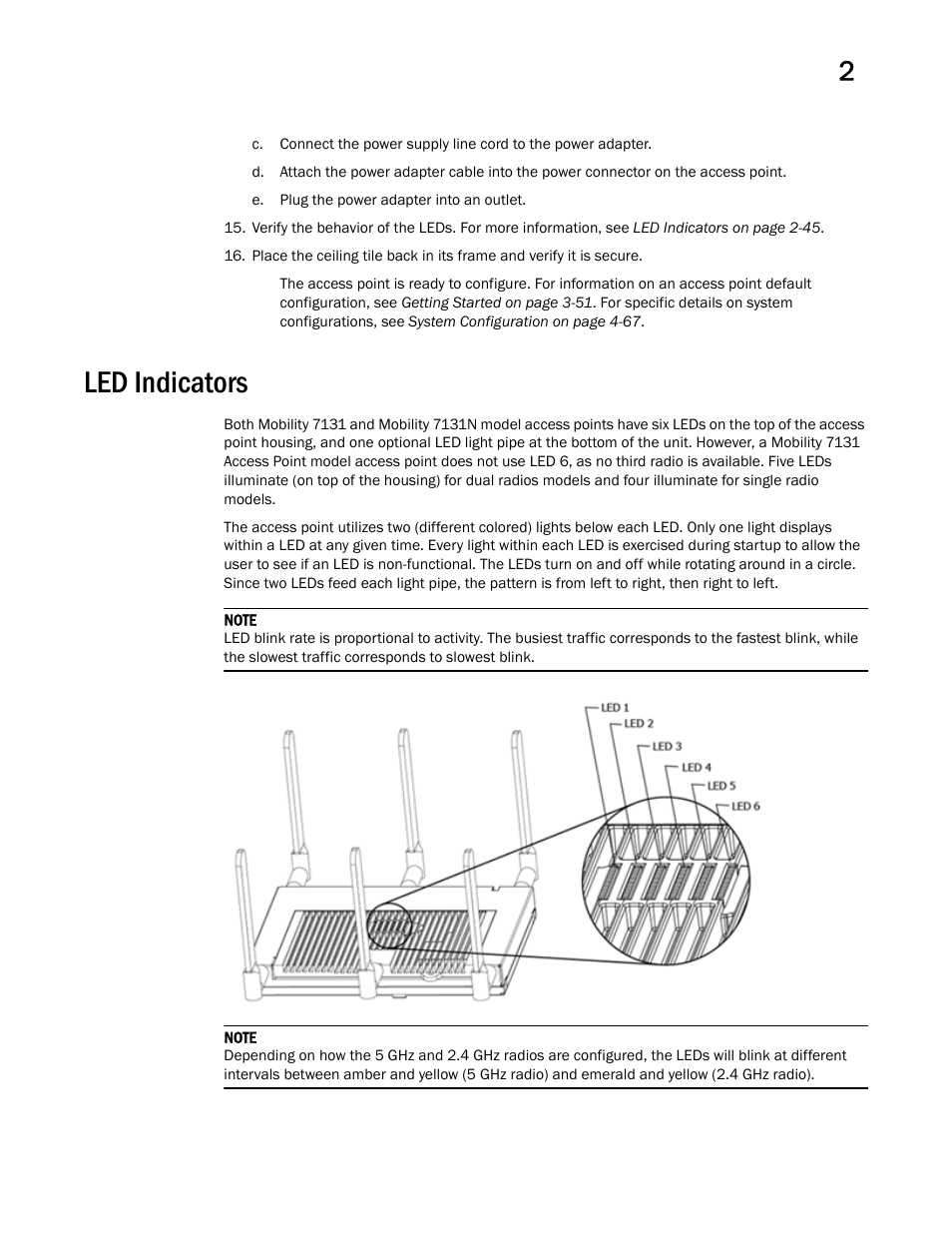 Led indicators, Led indicators on | Brocade Mobility 7131 Access Point Product Reference Guide (Supporting software release 4.4.0.0 and later) User Manual | Page 57 / 520