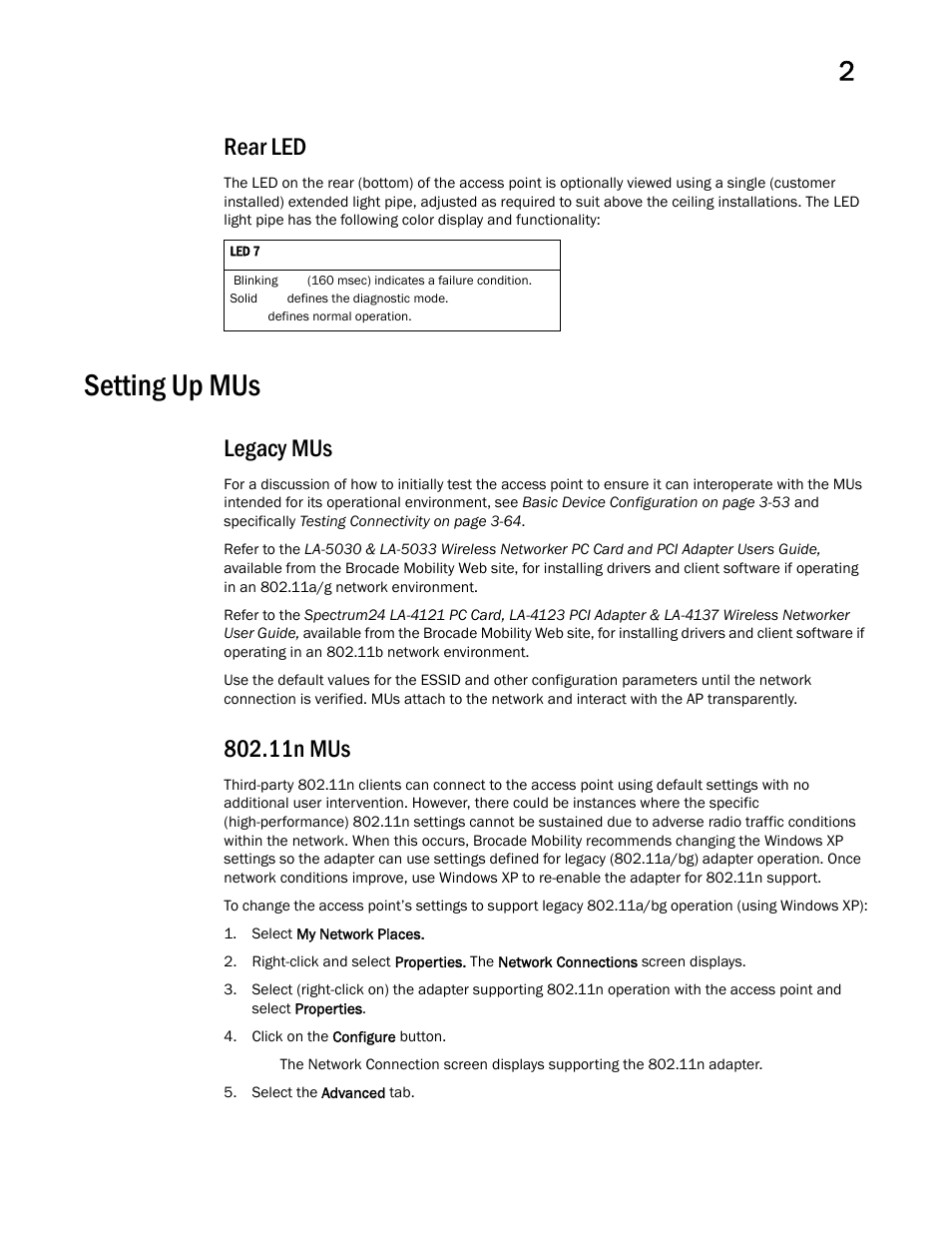 Rear led, Setting up mus, Legacy mus | 11n mus | Brocade Mobility 7131 Access Point Product Reference Guide (Supporting software release 4.4.0.0 and later) User Manual | Page 61 / 520