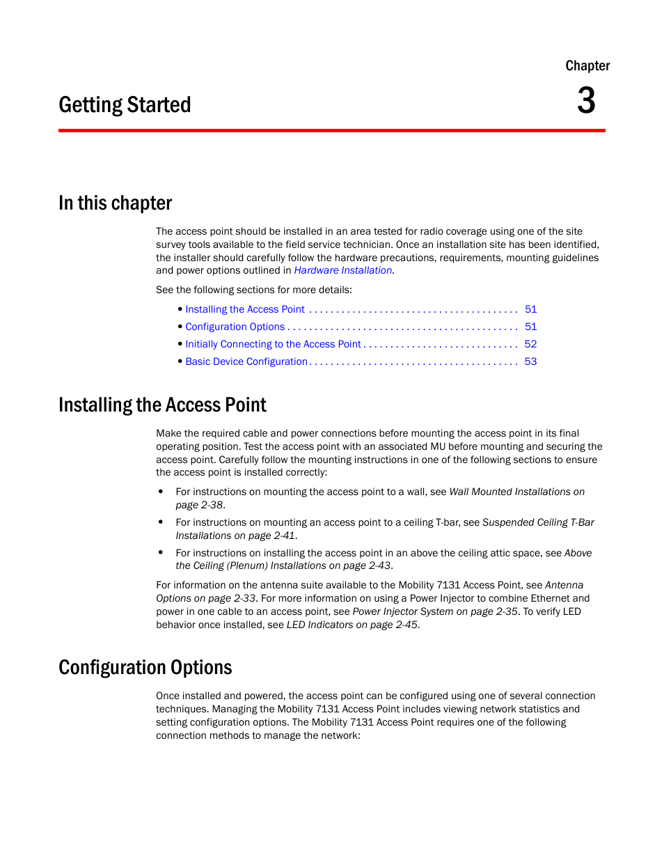 Getting started, In this chapter, Installing the access point | Configuration options, Chapter 3 | Brocade Mobility 7131 Access Point Product Reference Guide (Supporting software release 4.4.0.0 and later) User Manual | Page 63 / 520