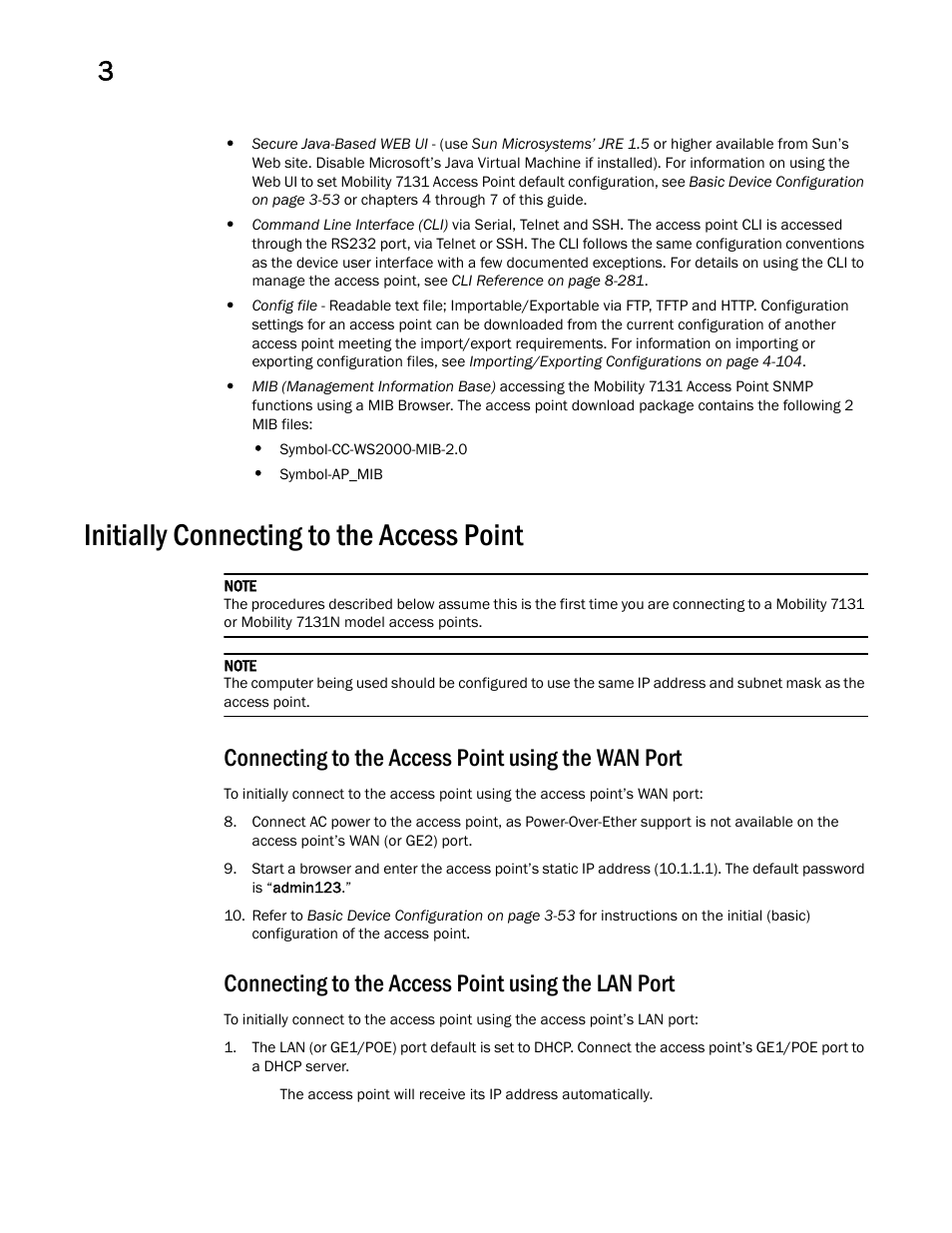 Initially connecting to the access point, Connecting to the access point using the wan port, Connecting to the access point using the lan port | Brocade Mobility 7131 Access Point Product Reference Guide (Supporting software release 4.4.0.0 and later) User Manual | Page 64 / 520