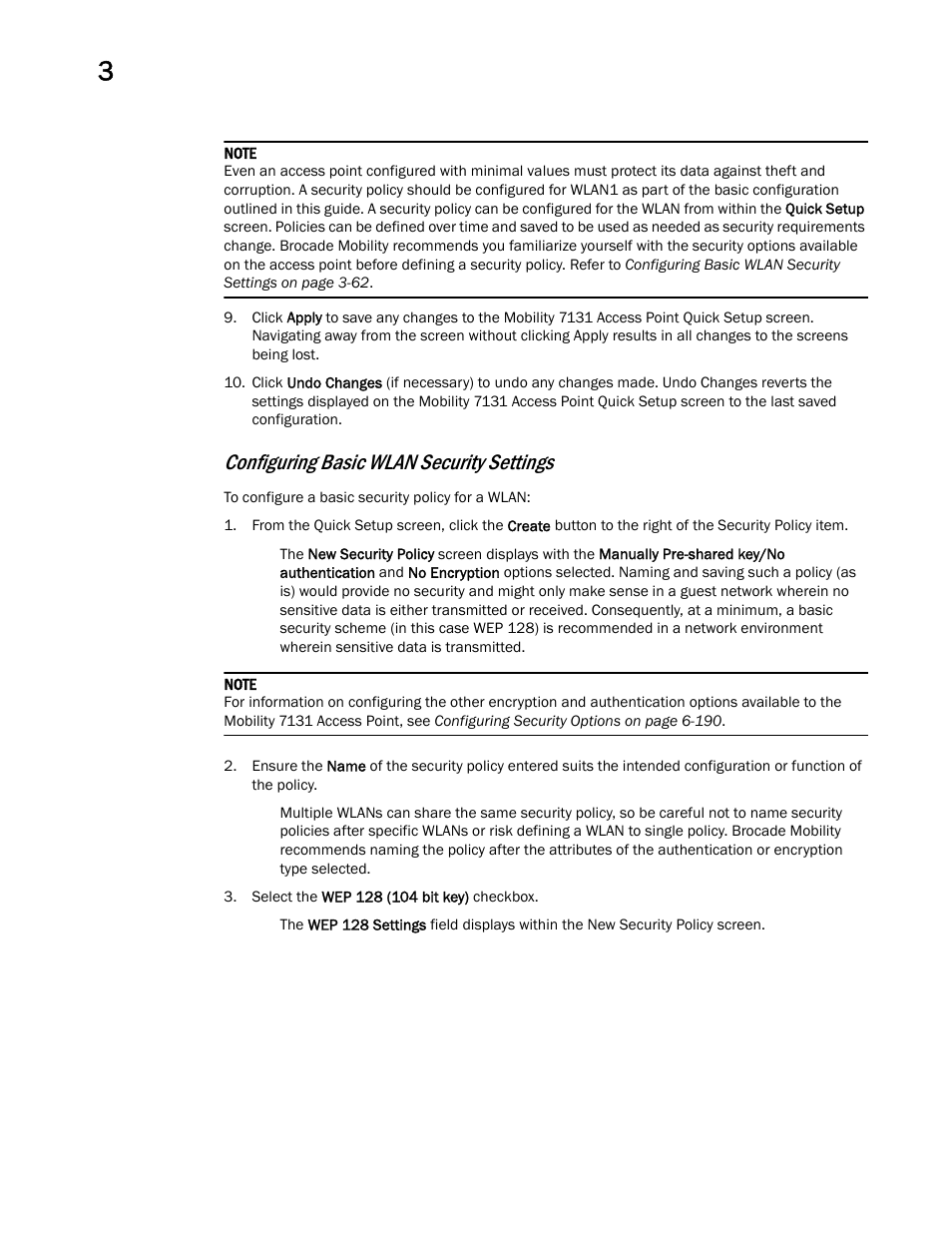 Configuring basic wlan security settings | Brocade Mobility 7131 Access Point Product Reference Guide (Supporting software release 4.4.0.0 and later) User Manual | Page 74 / 520